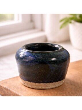 Small Handcrafted Vintage Pottery Vase With Blue & Green Glaze - 3 Inches Tall